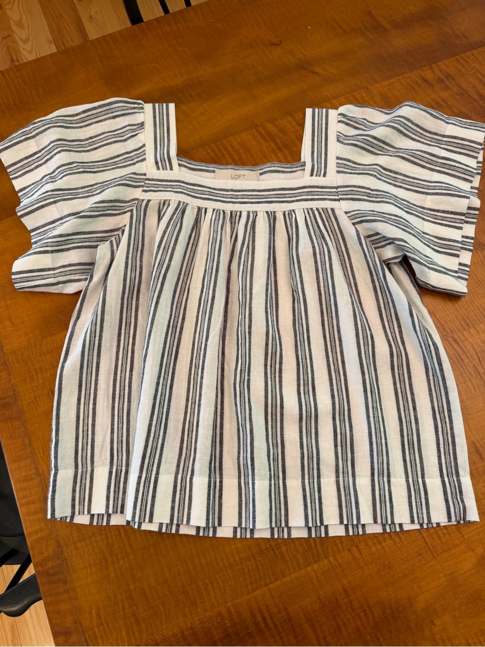 LOFT White and Black Striped Square-Neck Puff Sleeve Top (fits like a medium)